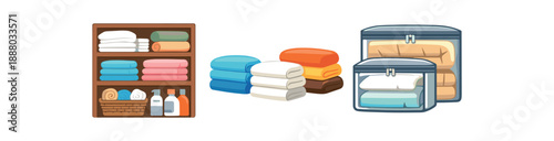 full color flat linen closet shelves towel stacks zipped bedding bags