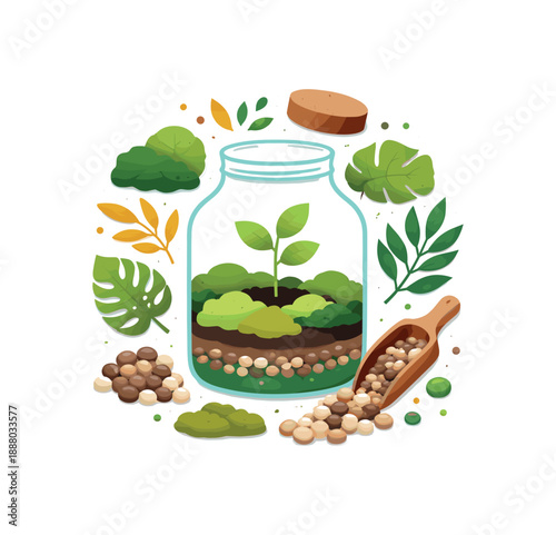 colorful flat vector sustainable gardening composition layered cutout paper shapes single : terrarium making kit with glass jar silhouette moss shapes pebbles tiny plant leaf shapes clean