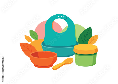 colorful flat vector sustainable kids lifestyle composition layered cutout paper shapes single : eco baby feeding set with silicone bib silhouette bowl spoon reusable container leaf shapes