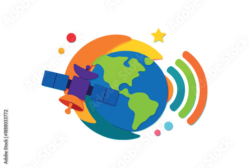 colorful flat vector space exploration still life layered cutout paper shapes single : satellite silhouette Earth globe shape signal wave shapes dots clean 2D crisp edges no subtle texture