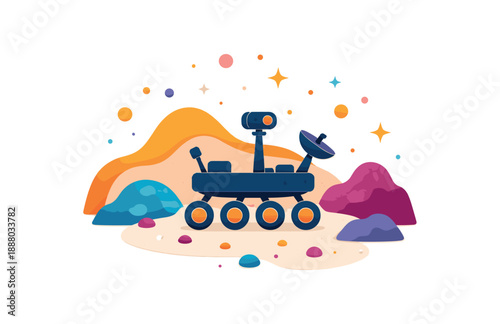 colorful flat vector space exploration still life layered cutout paper shapes single : rover silhouette moon rock shapes dust dots dots clean 2D crisp edges no subtle texture no outlines no