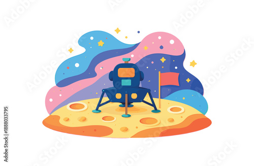 colorful flat vector space exploration still life layered cutout paper shapes single : lunar lander silhouette moon surface shapes flag shape blank dots clean 2D crisp edges no subtle