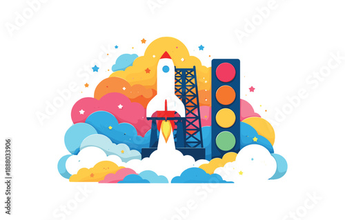 colorful flat vector space exploration still life layered cutout paper shapes single : rocket launch pad silhouette countdown light circles blank smoke cloud shapes dots clean 2D crisp
