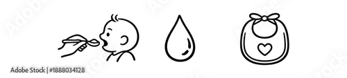 black and white outline first spoon feeding moment droplet of food bib icon