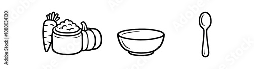 black and white outline carrot and pumpkin mash bowl outline spoon
