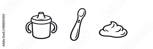 black and white outline baby cup with lid silicone spoon puree blob