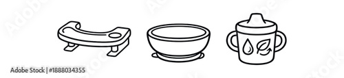 black and white outline bamboo high chair tray suction bowl outline cup with little water droplet and eco symbol