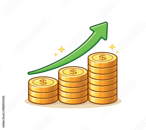 full color flat icon neat stack of coins with upward arrow gentle growing wealth