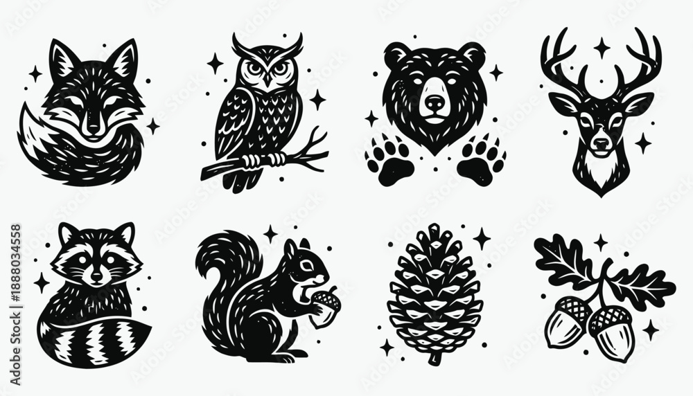 Obraz premium Vintage Woodcut Forest Animals and Nature Icon Set