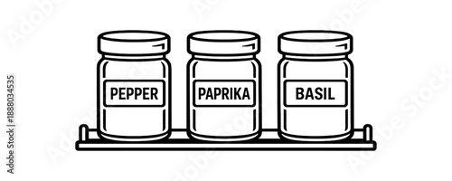 black and white outline spice jars line uniform labels narrow rack underneath