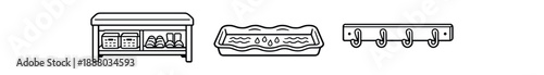 black and white outline entryway bench shoe tray row of hooks