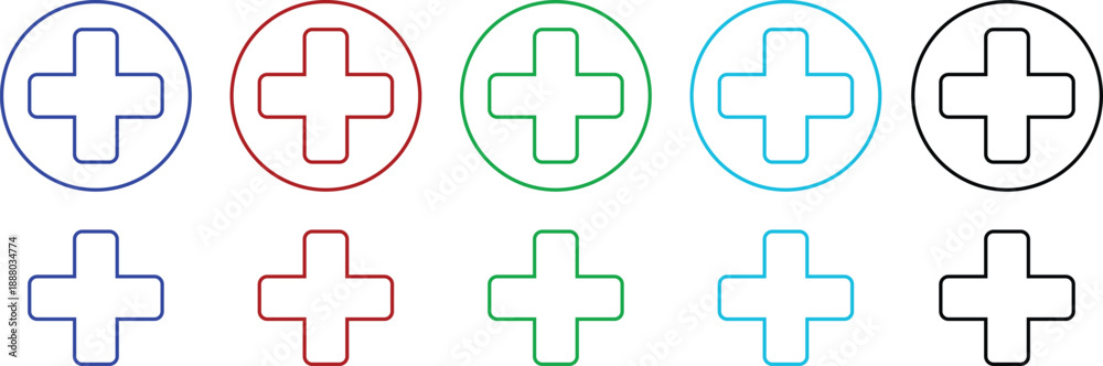 Obraz premium Medical plus icons set featuring healthcare cross symbols in flat and line style, isolated on transparent background, hospital emergency aid sign illustration collection and group