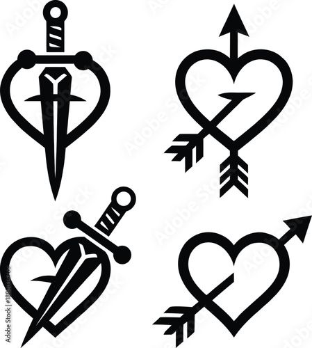 Medieval fantasy icons set of black heart outlines pierced by sword and arrow for role playing game ui.