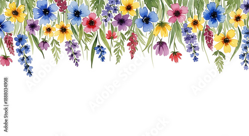 Wallpaper Mural Vibrant watercolor floral border with colorful spring and summer flowers and foliage on white copy space. Torontodigital.ca