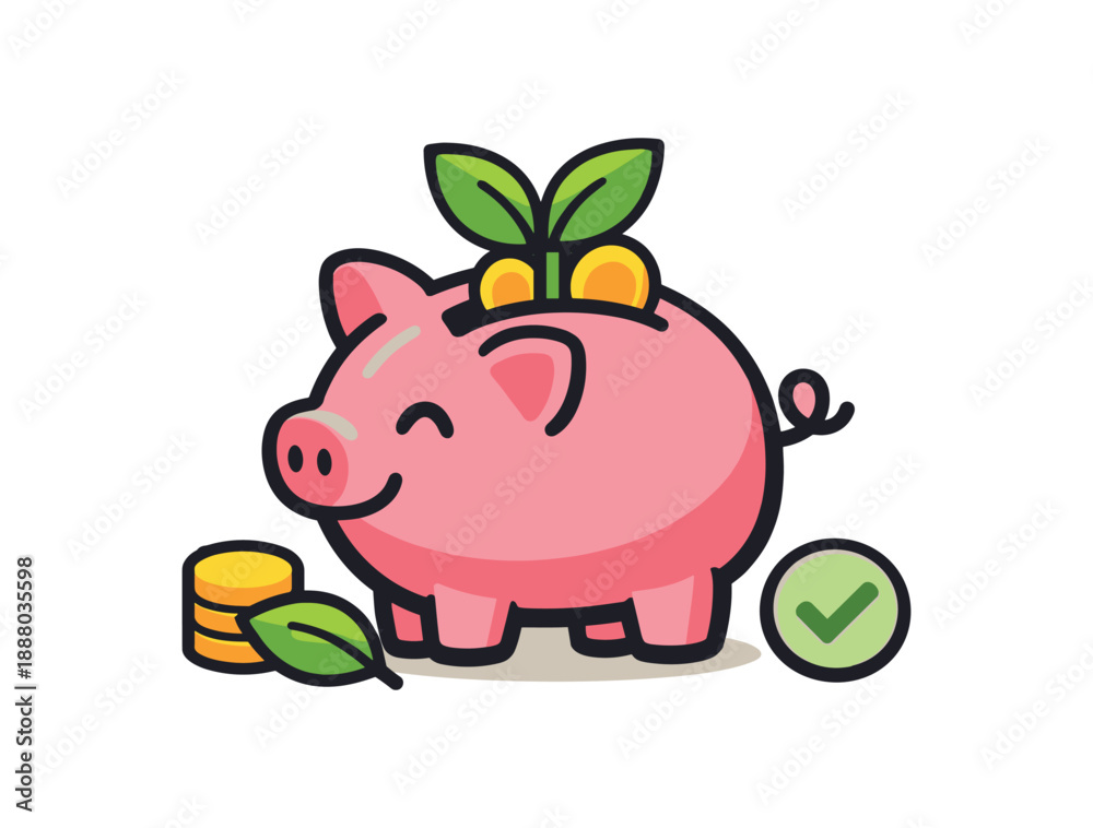 Fototapeta premium full color flat icon piggy bank with small green leaf sustainable mindful finances