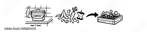 black and white outline compost caddy on vegetable peels arrow to garden bed