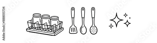 black and white outline drying rack with washed jars silicone spoons upside down tiny sparkle