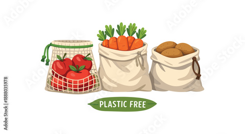full color flat icon cloth produce bags with apples carrots and potatoes plastic free shopping