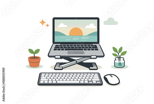 full color flat icon laptop on stand external keyboard and mouse with little leaf calm tidy workspace