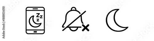 black and white outline phone with sleep mode icon notification muted bell crescent moon