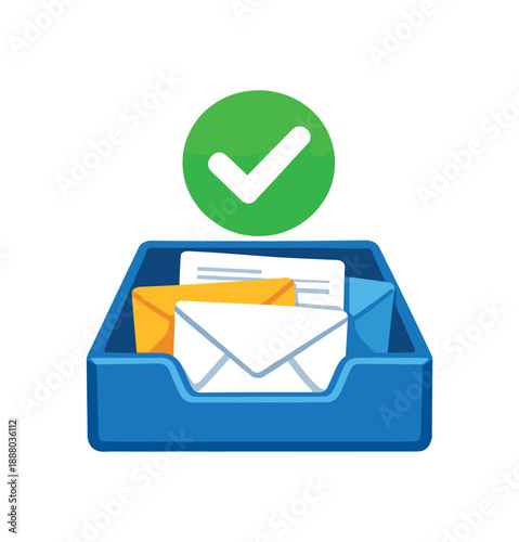 full color flat icon inbox tray with few letters and large green check minimal inbox zero moment