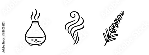 black and white outline aroma diffuser outline steam swirl lavender sprig