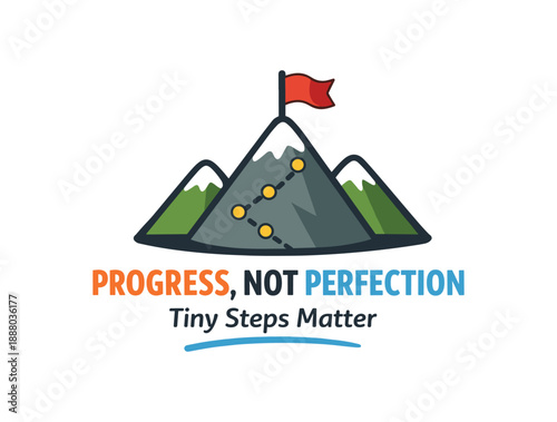full color flat icon simple mountain icon and flag tiny step markers progress mindset not perfection