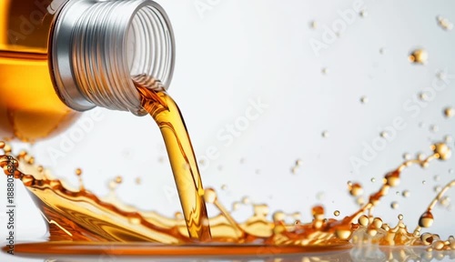 Wallpaper Mural Golden amber motor oil pouring from metallic silver bottle creating dynamic splash on white surface, liquid droplets and crown splash formation, viscous fluid in mid-air motion
 Torontodigital.ca