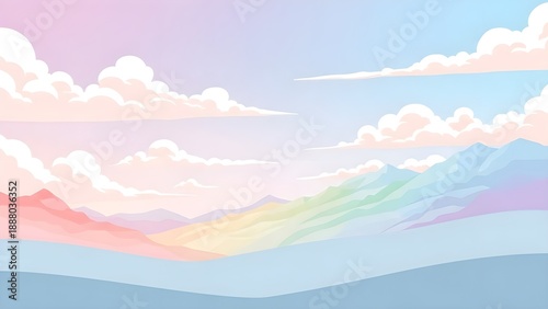Whimsical Pastel Cloud Landscape Illustration - Soft Rainbow Mountain Horizon Background - Dreamy Aesthetic Scenery for Cartoon Animation and Kids Wallpaper.