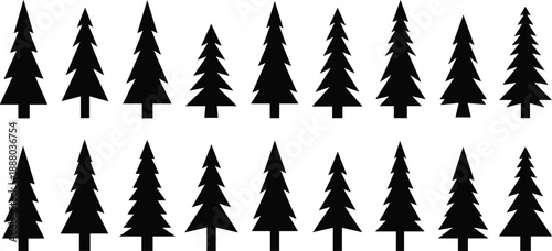 Set of evergreen pine tree silhouettes in various shapes, minimalist black forest icons collection, simple nature vector elements isolated on white background