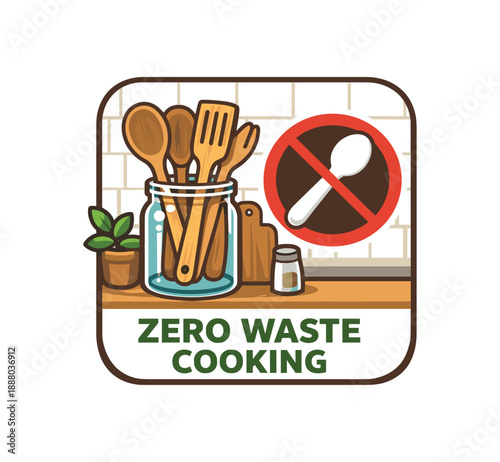 full color flat icon kitchen with glass jar of wooden utensils and crossed plastic spoon symbol zero waste cooking