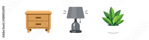 full color flat bedside table light wood lamp off icon gray minimal decor plant green