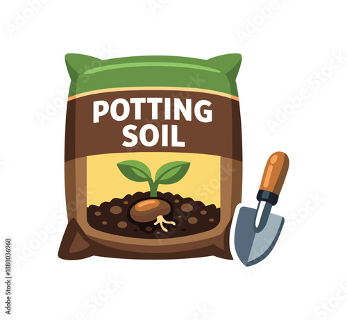 full color flat icon bag of potting soil with tiny shovel icon and sprouting seed illustration