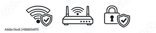 black and white outline wifi signal with shield router box safe connection