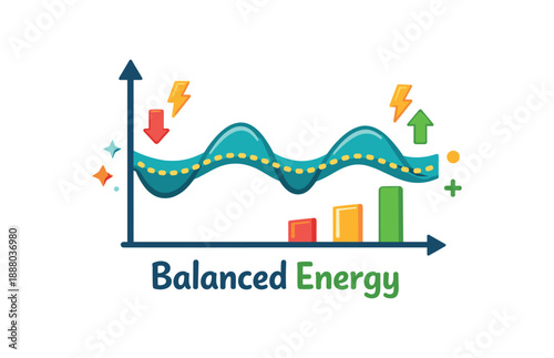 full color flat icon progress chart with gentle wavy line and downs normalizing energy fluctuations at work