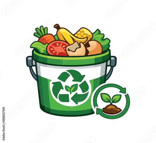 full color flat icon compost bucket with veggie scraps and leaf recycle symbol for plant food