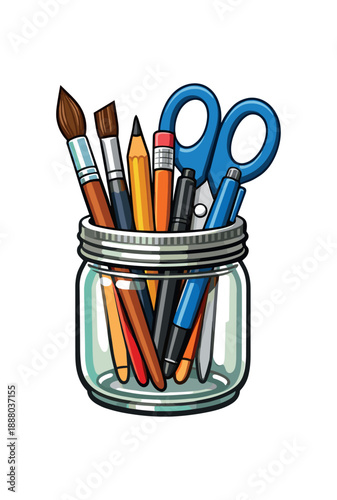 full color flat icon old glass jar used as pencil holder scissors and brushes inside upcycled desk item