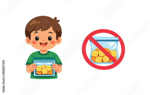 full color flat icon child holding reusable snack bag with crackers next to crossed plastic snack bag
