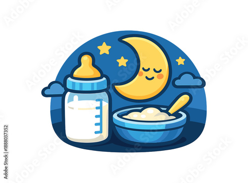 full color flat icon calm moon over bottle and bowl symbol evening feeding routine