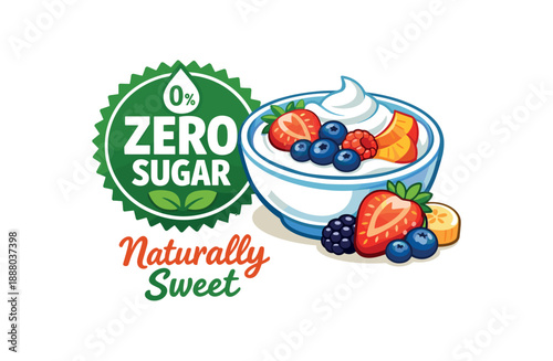 full color flat icon zero sugar label icon next to fruit and yogurt showing natural sweetness