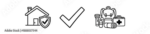 black and white outline home with shield checkmark preparedness concept