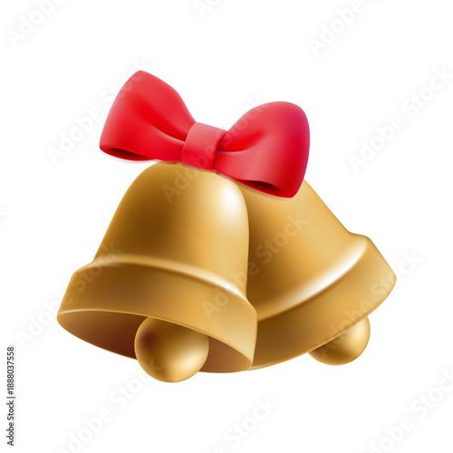 3D school bell icon, Christmas holly gold ring. Notification decor last reminder, wedding event holiday jingle alert. Glossy alarm float, isometric vector. Sound metal object, golden pottery render