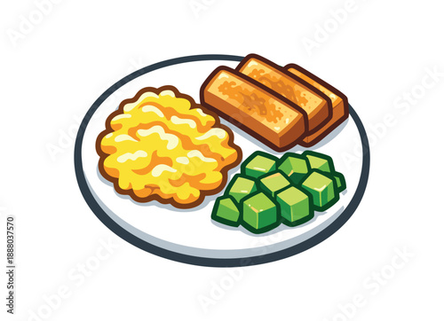full color flat icon breakfast trio plate scrambled egg strips toast fingers avocado cubes