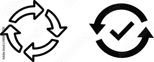 Two circular arrow icons one outline and one filled representing recycling