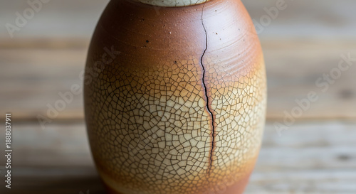 Wallpaper Mural Earthy ceramic vase with intricate crackle glaze texture and a prominent vertical crack on a wooden background. Torontodigital.ca