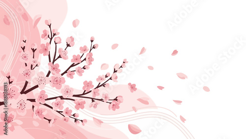 Pink cherry blossom branches with falling petals, soft pastel background, spring floral design