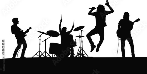 Silhouette rock band performing on stage with drummer, guitarists, and jumping singer, energetic live music concert scene for entertainment promotion, creative production, and advertising visuals.