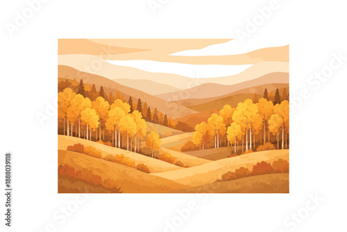 wide flat vector autumn landscape illustration layered cutout paper shapes golden aspen grove on hills soft sky bands warm muted palette clean 2D crisp edges minimal subtle texture no