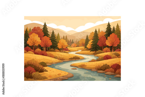 wide flat vector autumn landscape illustration layered cutout paper shapes winding creek through golden meadow mixed conifers and maples muted warm palette clean 2D crisp edges minimal