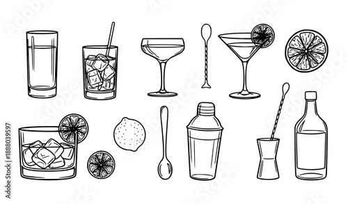 Sketch style hand drawn cocktail glass and barware vector illustrations